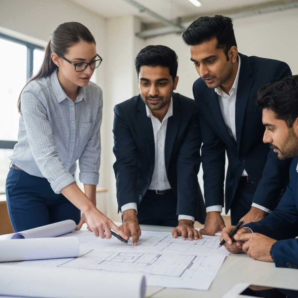 Team of engineers and architects reviewing blueprints