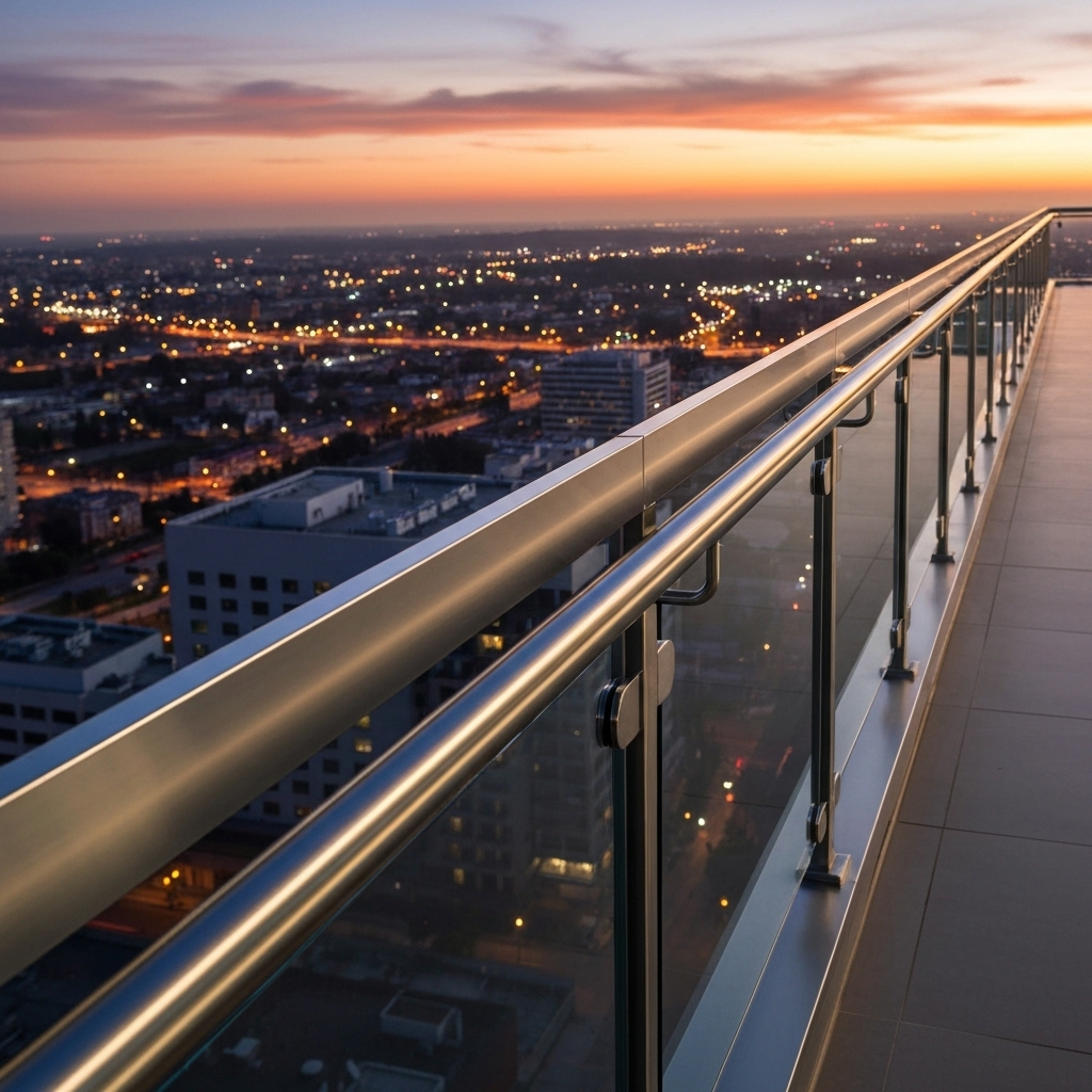 Stainless steel and glass hand rail along stairs