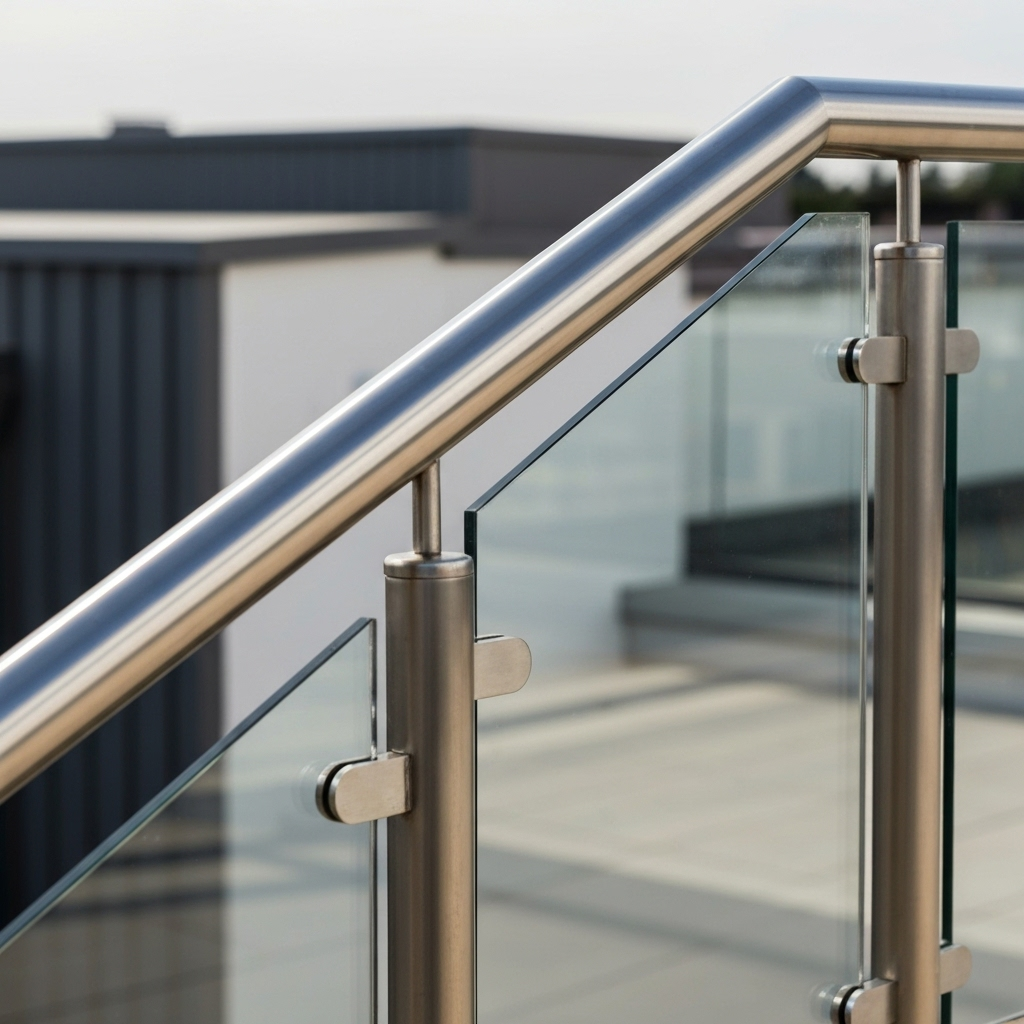 Detail view of stainless steel and glass handrail